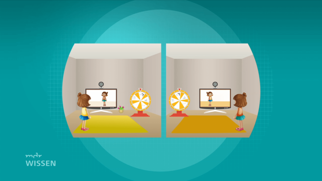 Screenshot vom mdr Wissen Video. Skizze vom Studiendesign: Zwei Kinder versuchen über Gesten zu kommunizieren und das richtige Bild auszuwählen.